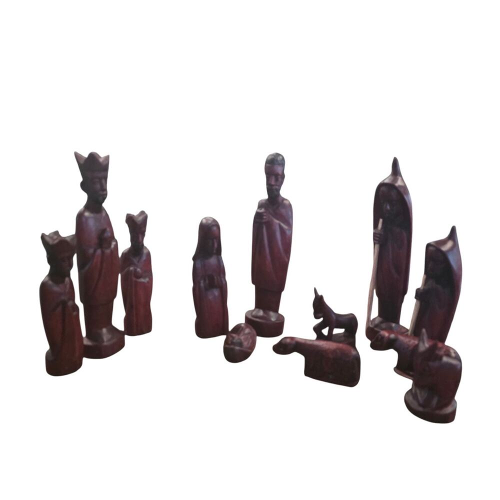 Hand Carved Wood Nativity Set 12 Pc African Style Folk Art Christmas Creche